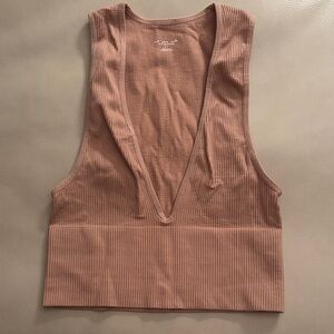 Urban Outfitters Ribbed Deep V Crop Top in Brown